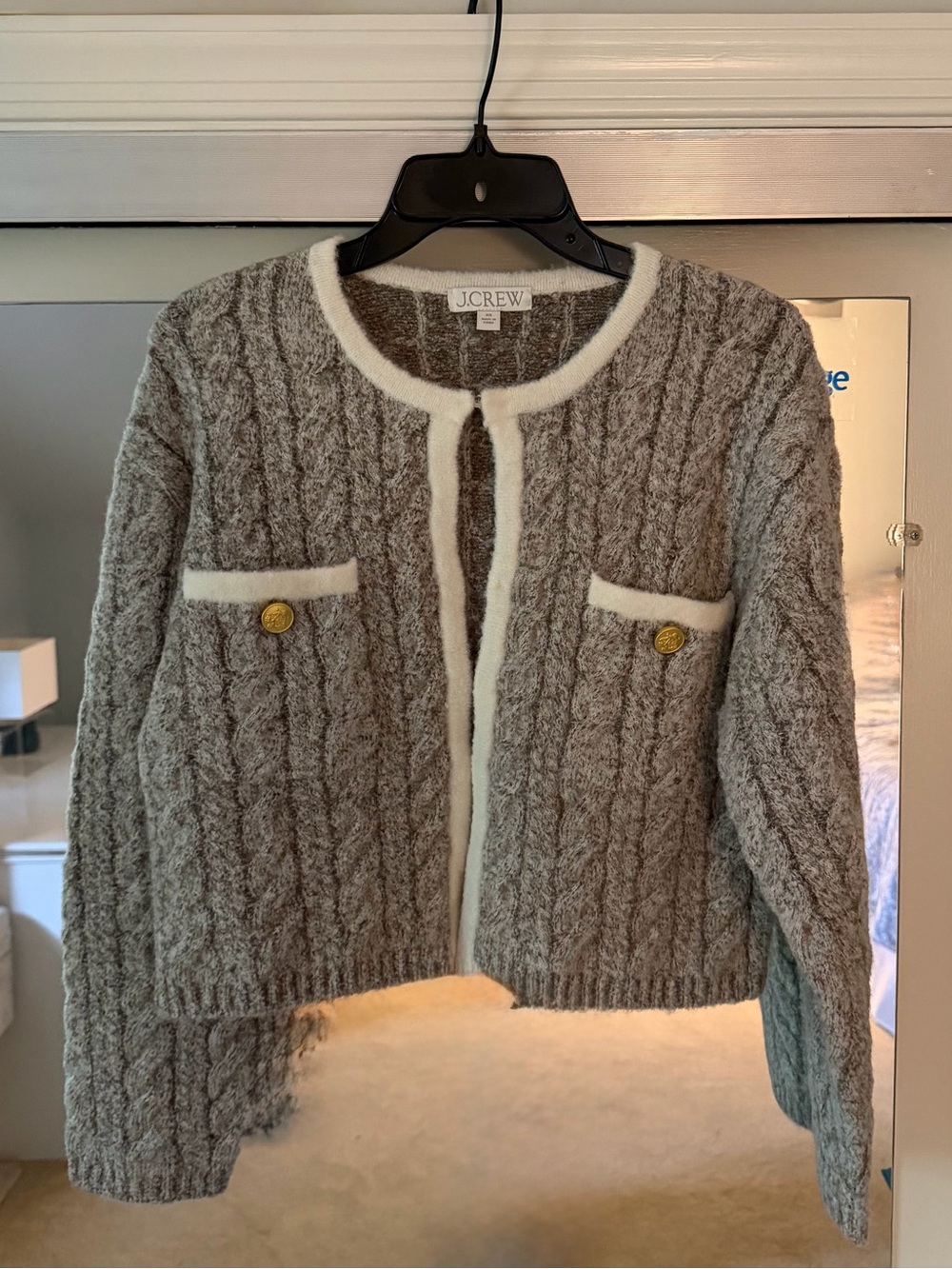J. Crew Gray Cable-Knit Cropped Cardigan with Cream Trim